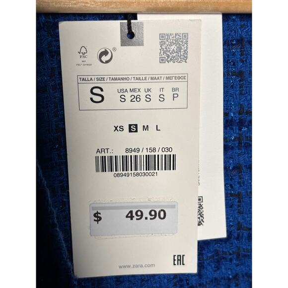 Zara Womens Blue Ruffled Tweed Pinafore Dress‎ V- Neck Button Front Size Small - Picture 4 of 5